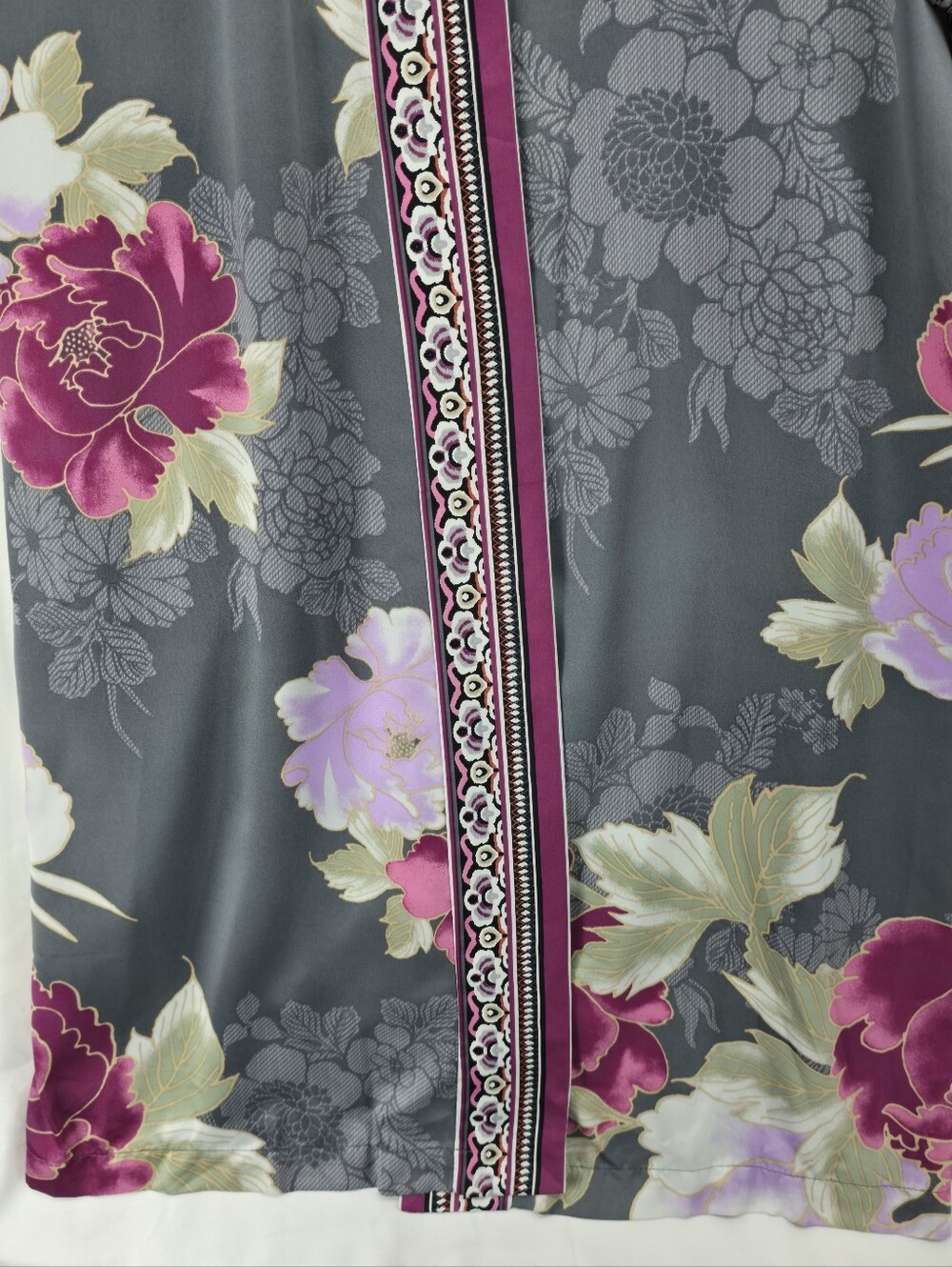 Natori Floral Kimono Robe Gray Purple Satin Lounge Cover Up Pockets Size Small - Picture 9 of 12